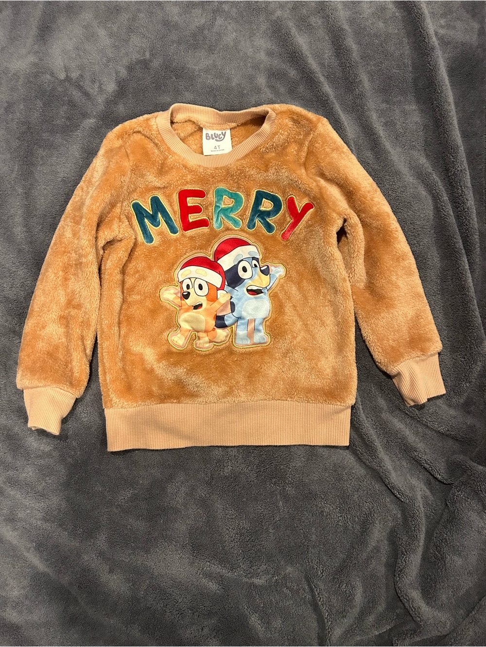 Kids 'Merry' Plush Holiday Sweatshirt - Tan bluey 4t